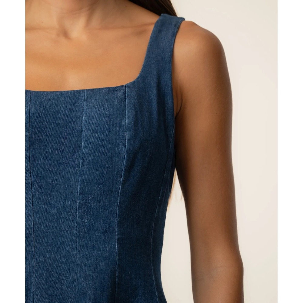 KUT Amelie Denim Dress, Square Neck Fit and Flare Mini Dress with Pockets - Picture 5 of 9